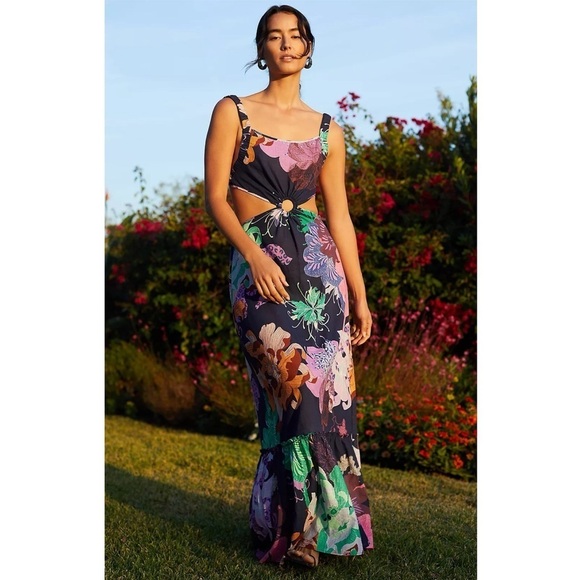 Anthropologie Maeve Cut-Out Maxi Dress Navy Blue Floral Print - Picture 1 of 14